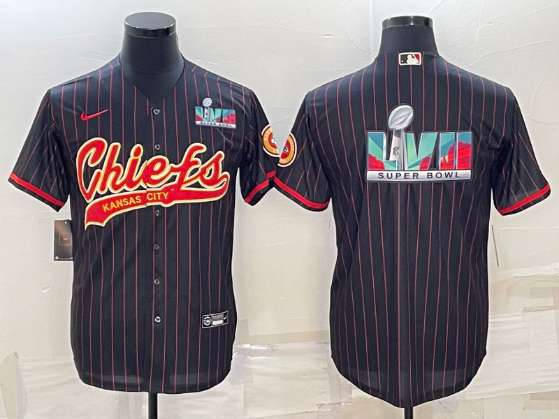 Men's Kansas City Chiefs Black With Super Bowl LVII Big Logo Cool Base Stitched Baseball Jersey